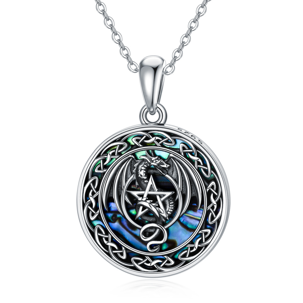 Collar con colgante de dragón de mariscos de abulón de plata de ley con nudo celta y pentagrama para mujer-1