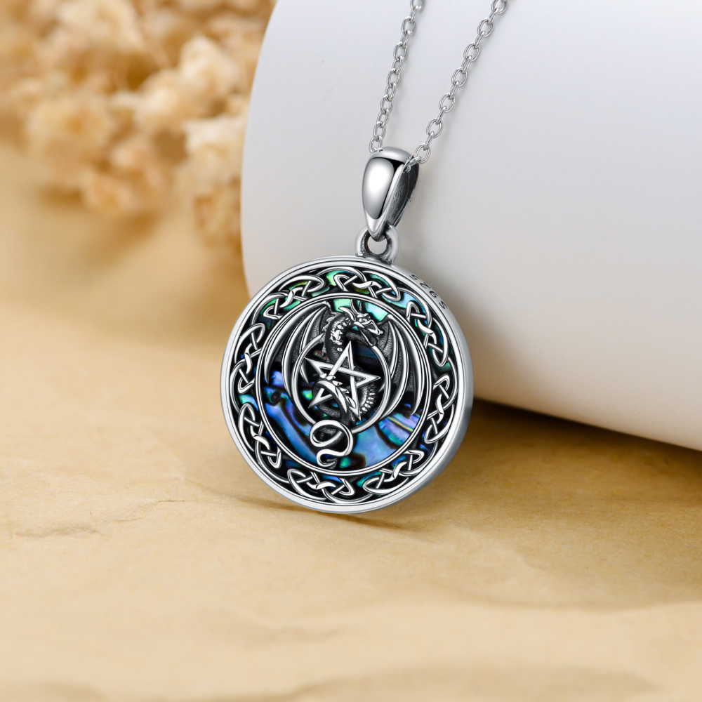 Collar con colgante de dragón de mariscos de abulón de plata de ley con nudo celta y pentagrama para mujer-3