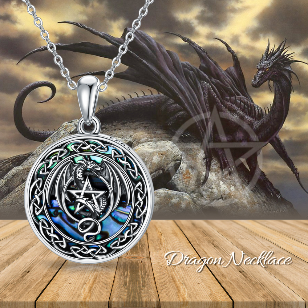 Collar con colgante de dragón de mariscos de abulón de plata de ley con nudo celta y pentagrama para mujer-6