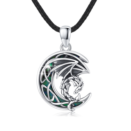 Collier en argent sterling avec pendentif dragon et lune en forme de coquillage abalone