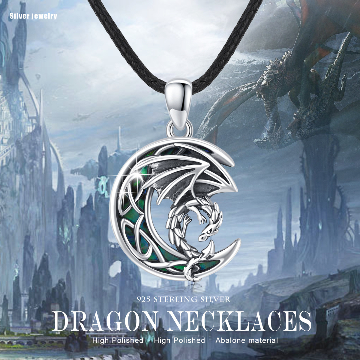 Collar con colgante de plata de ley Abalone Shellfish Dragon & Moon-7