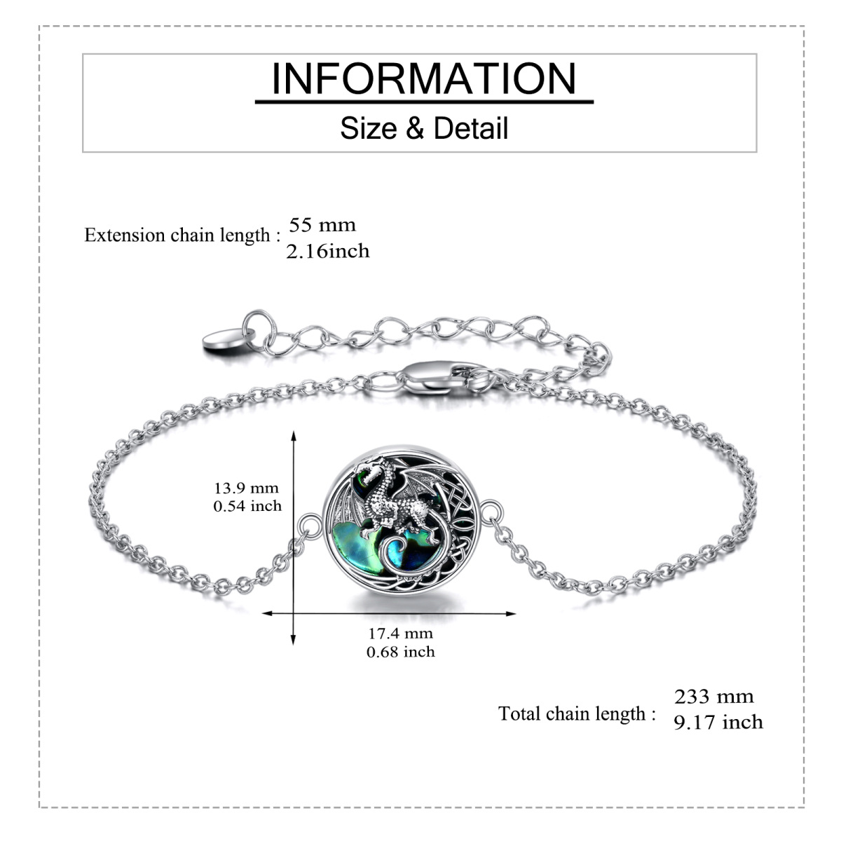 Bracelet en argent sterling avec pendentif dragon en forme d'abalone et de coquillage-5