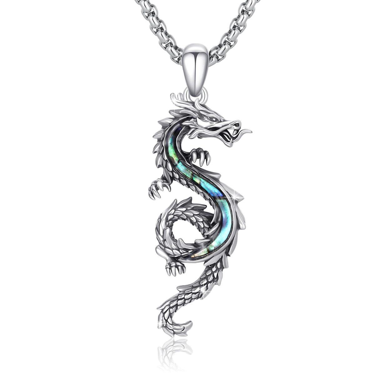 Sterling Silver Abalone Shellfish Dragon Pendant Necklace for Men-1