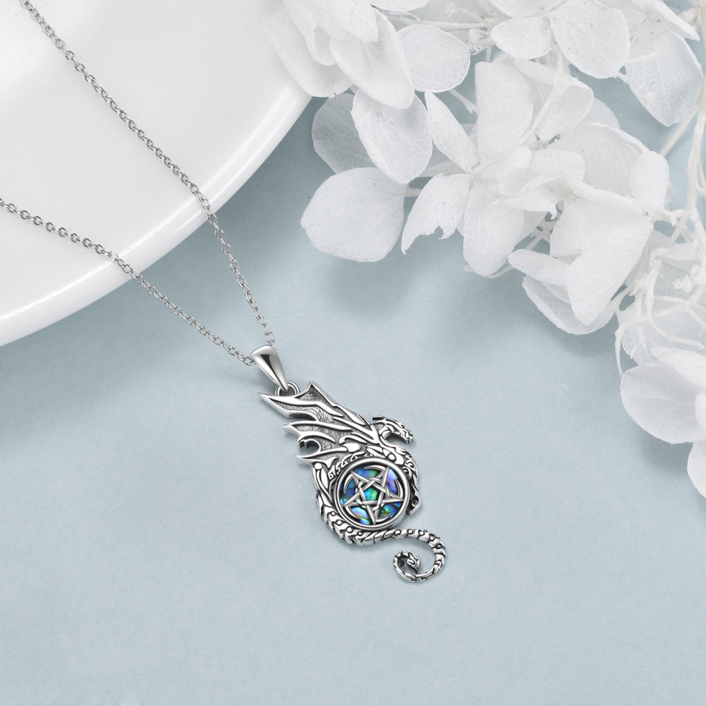 Sterling Silver Abalone Shellfish Dragon Pendant Necklace-3
