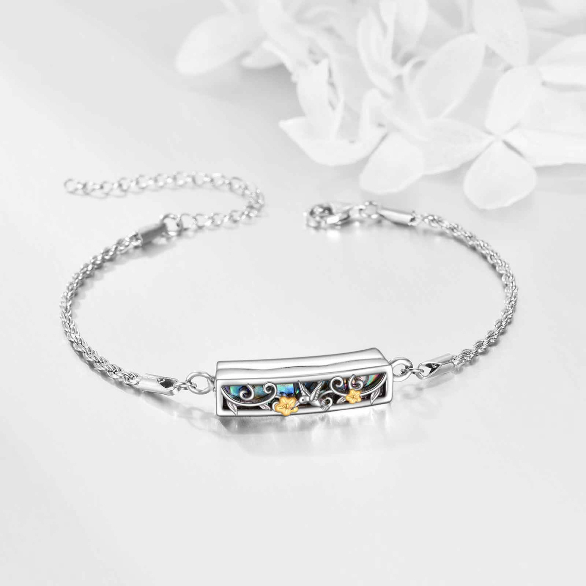 Urnenarmband aus Sterlingsilber, zweifarbig, Abalone-Muschel, Libelle, Kolibri, Sonnenblume-3