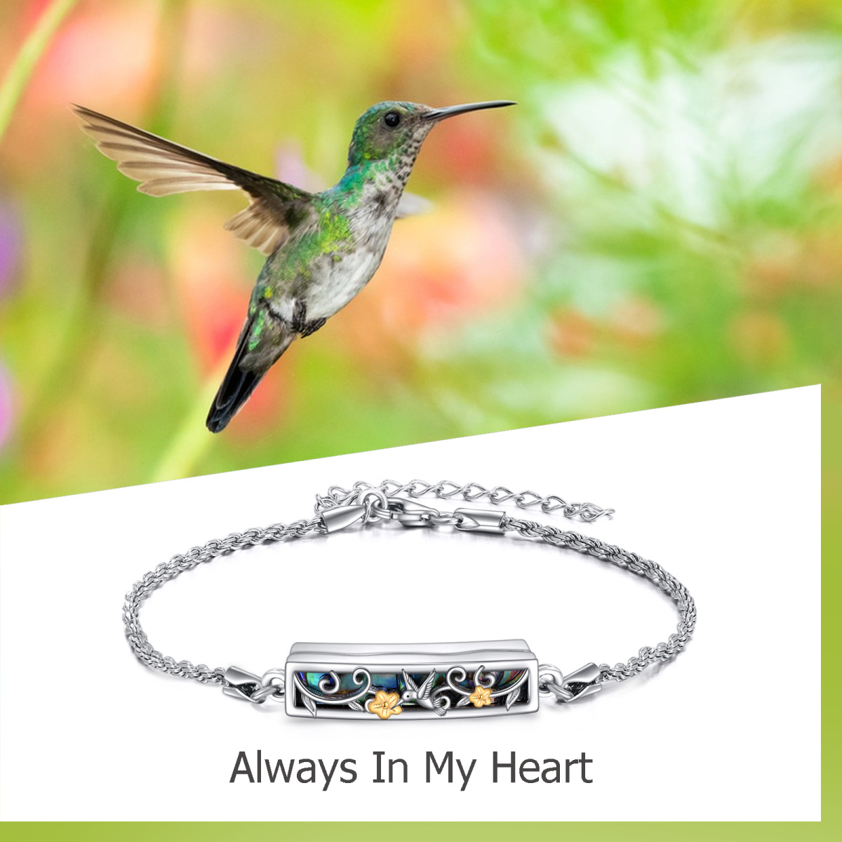 Sterling Silver Two-tone Abalone Shellfish Dragonfly & Hummingbird & Sunflower Urn Bracelet for Ashes-6