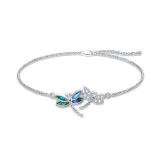 Sterling Silver Abalone Shellfish & Cubic Zirconia Dragonfly Single Layer Anklet for Women-3