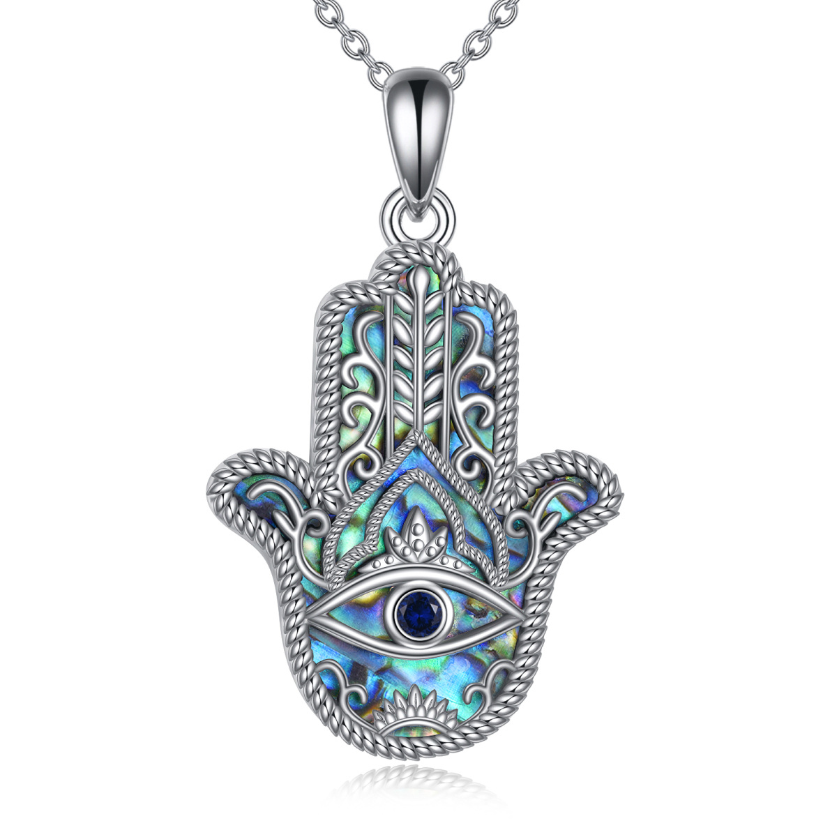 Sterling Silver Abalone Shellfish Evil Eye & Hamsa Hand Pendant Necklace-1