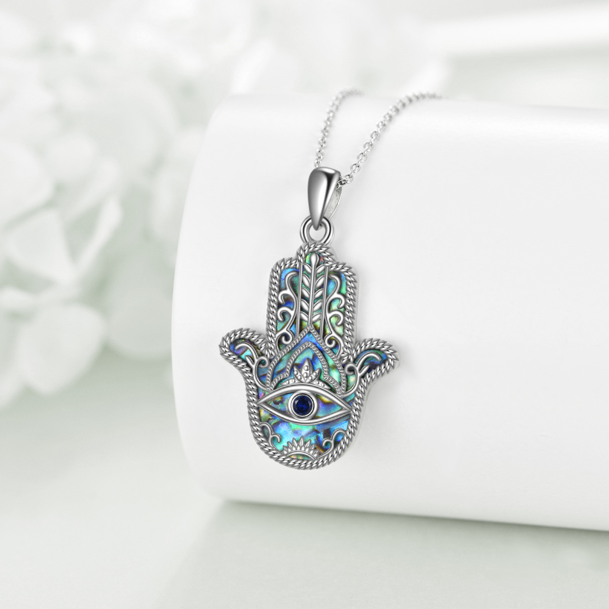 Sterling Silver Abalone Shellfish Evil Eye & Hamsa Hand Pendant Necklace-4