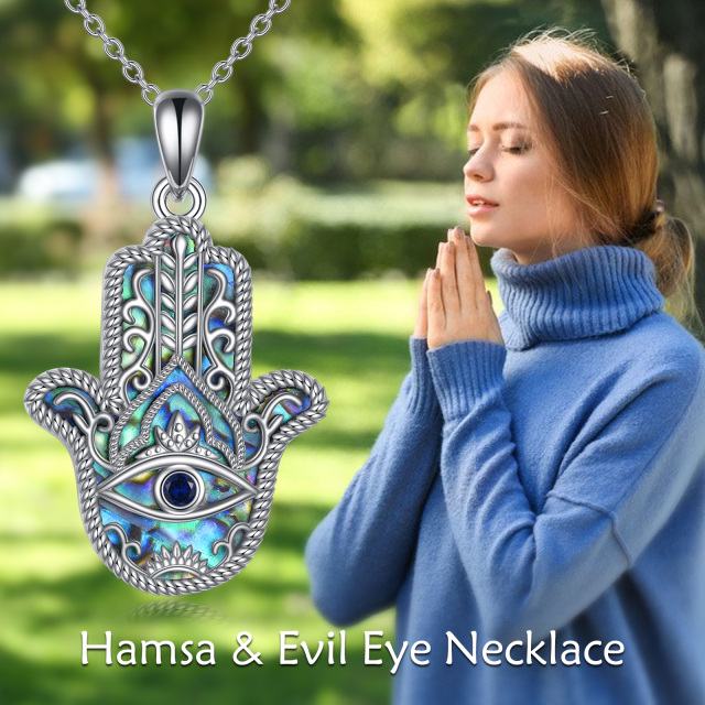 Halskette mit Anhänger „Hamsa-Hand“ aus Sterlingsilber mit Abalone-Muschel und bösem Blick-6