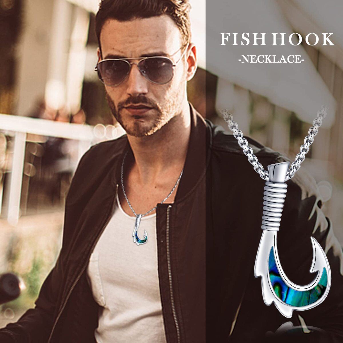 Collar con colgante de anzuelo de pescado y mariscos de abulón de plata de ley-5