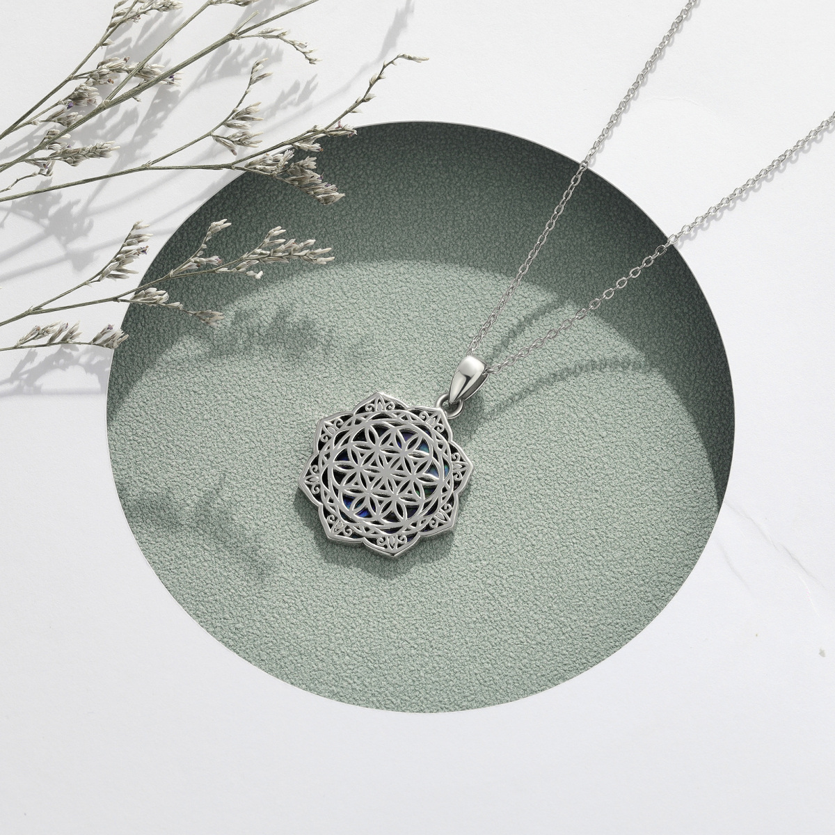 Sterling Silver Abalone Shellfish Flower Of Life Pendant Necklace-4