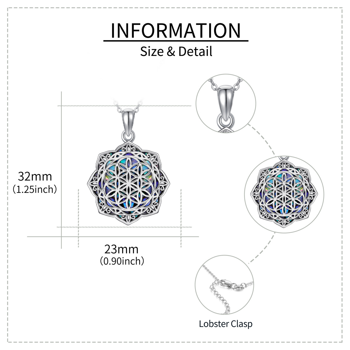 Sterling Silver Abalone Shellfish Flower Of Life Pendant Necklace-5