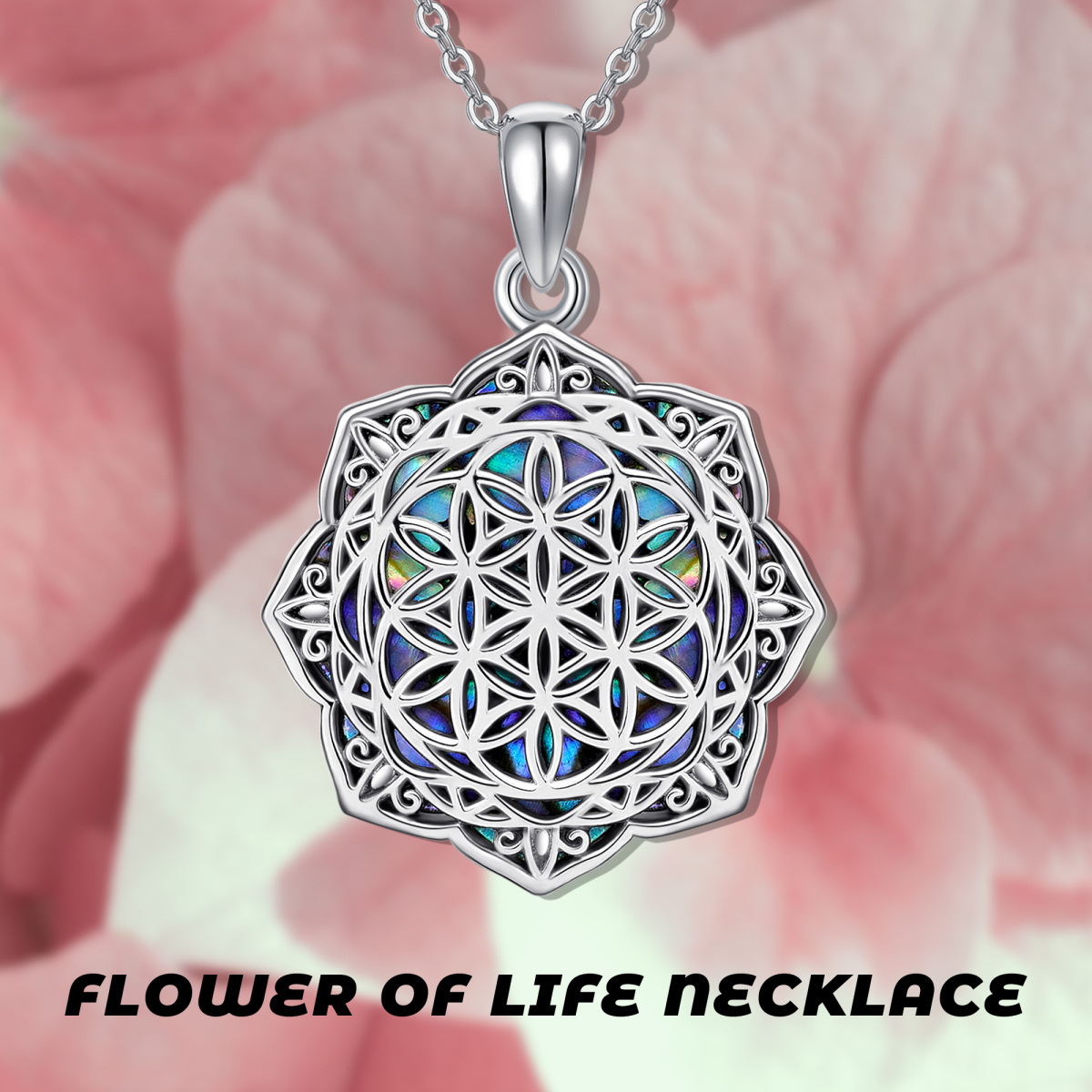 Sterling Silver Abalone Shellfish Flower Of Life Pendant Necklace-6