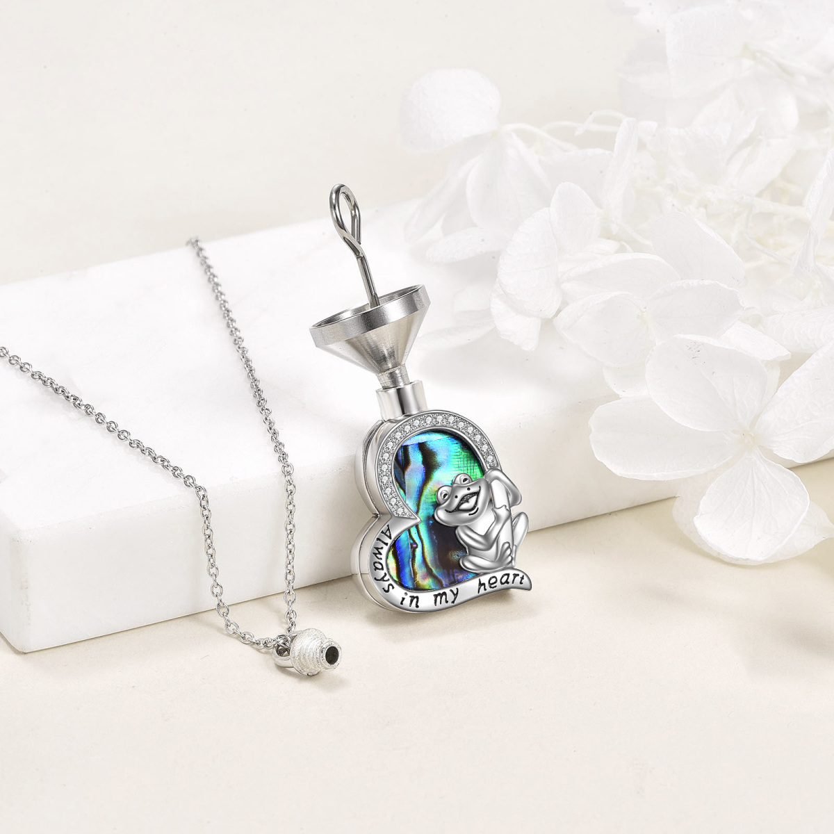 Sterling Silver Abalone Shellfish Frog & Heart Urn Necklace for Ashes with Engraved Word-4