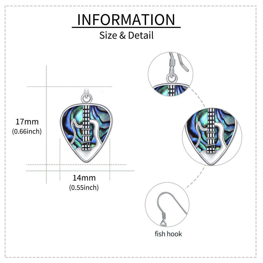 Pendientes colgantes de guitarra con forma de concha de abulón en plata de ley-5