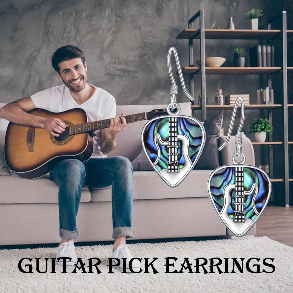 Pendientes colgantes de guitarra con forma de concha de abulón en plata de ley-6