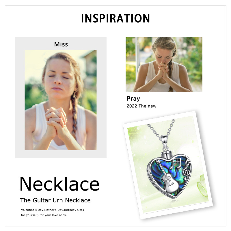 Prata esterlina coração abalone marisco guitarra com símbolo de música urna colar para cinzas com palavra gravada para mulher melhor irmã-6
