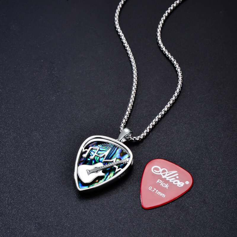 Sterling Silver Abalone Shellfish Guitar & Musical Note Pendant Necklace-6