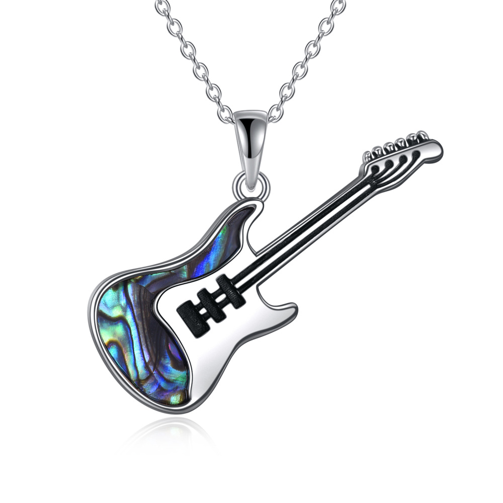 Collar Colgante Guitarra Abalón de Plata de Ley con Cadena de Cable-1