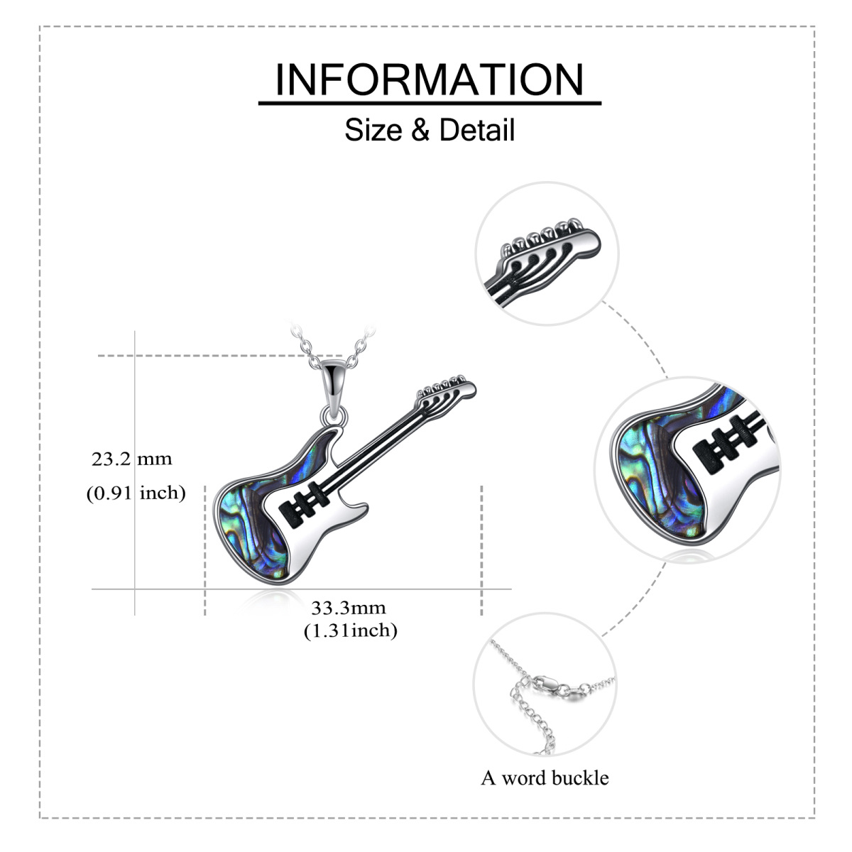 Colar de prata esterlina com pingente de guitarra de marisco Abalone e corrente de cabo-5