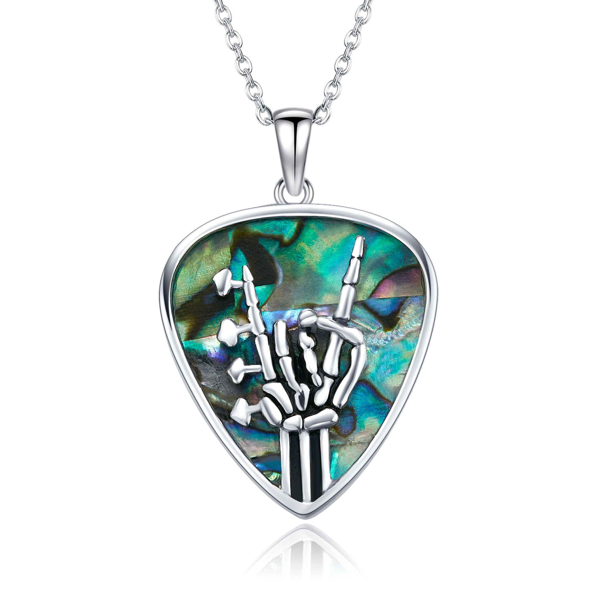 Collana con ciondolo a forma di chitarra e scheletro in argento sterling con conchiglia Abalone