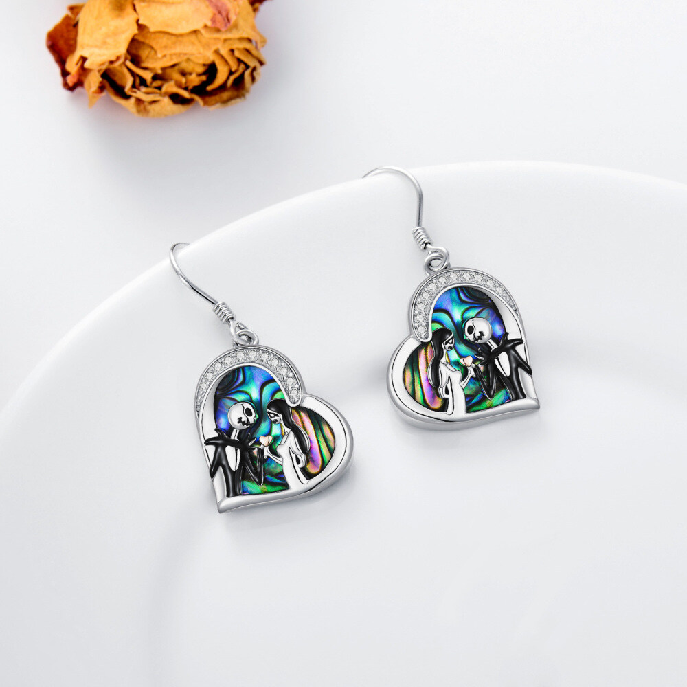 Sterling Silver Abalone Shellfish & Cubic Zirconia Heart Drop Earrings-3