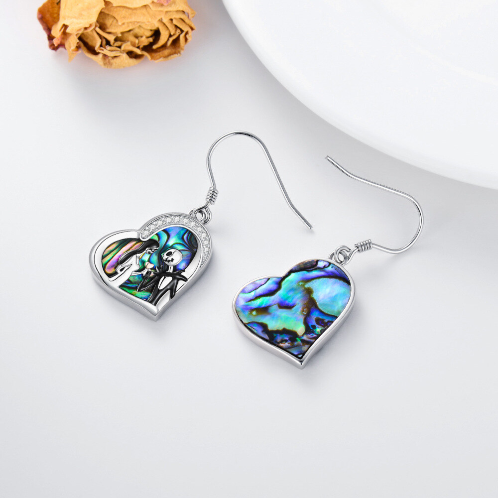 Sterling Silver Abalone Shellfish & Cubic Zirconia Heart Drop Earrings-4