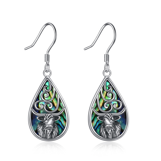 Sterling Silver Abalone Shellfish Highland Cow & Drop Shape Drop Earrings-1