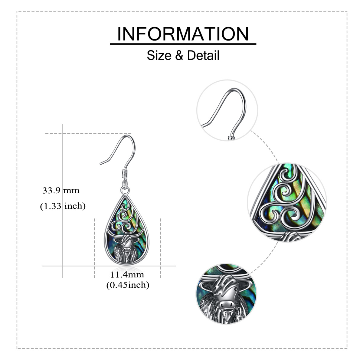 Pendientes Abalone Shellfish Highland Cow & Drop Shape de plata de ley-5