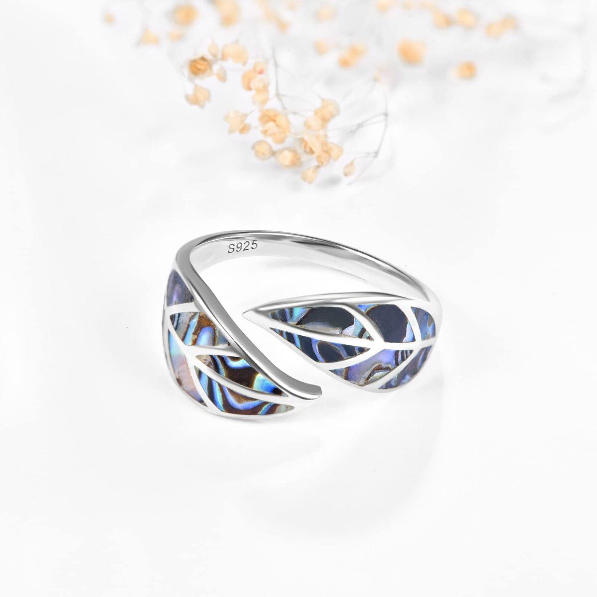 Sterling Silver Abalone Shellfish Hollow Leaves Open Ring-5