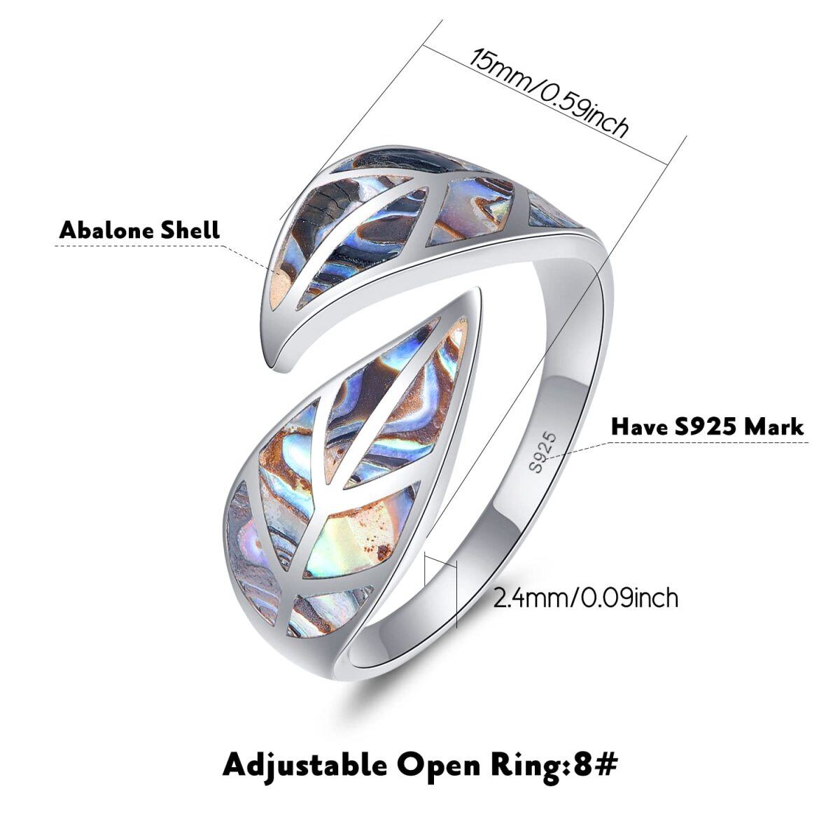 Sterling Silver Abalone Shellfish Hollow Leaves Open Ring-6