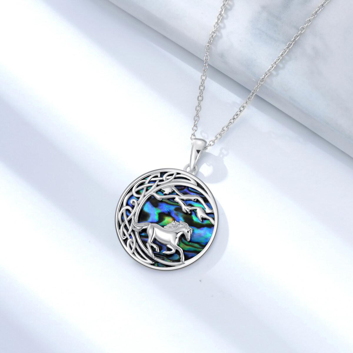 Sterling Silver Abalone Shellfish Horse & Celtic Knot Pendant Necklace-5