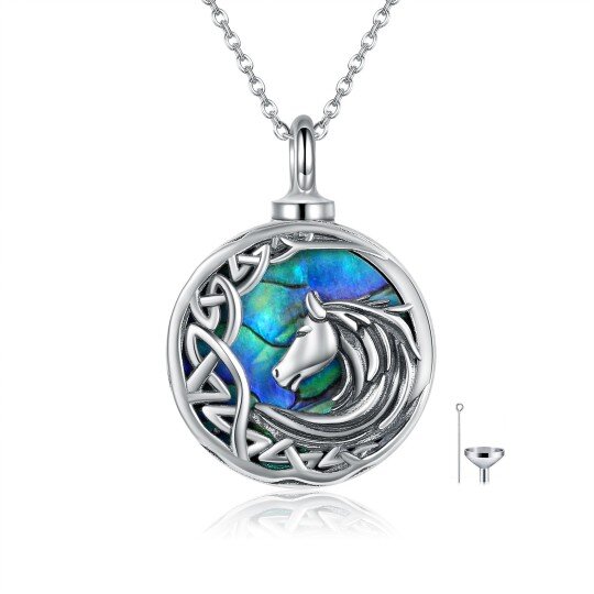 Collana in argento sterling con urna a forma di cavallo e conchiglia di abalone per le ceneri