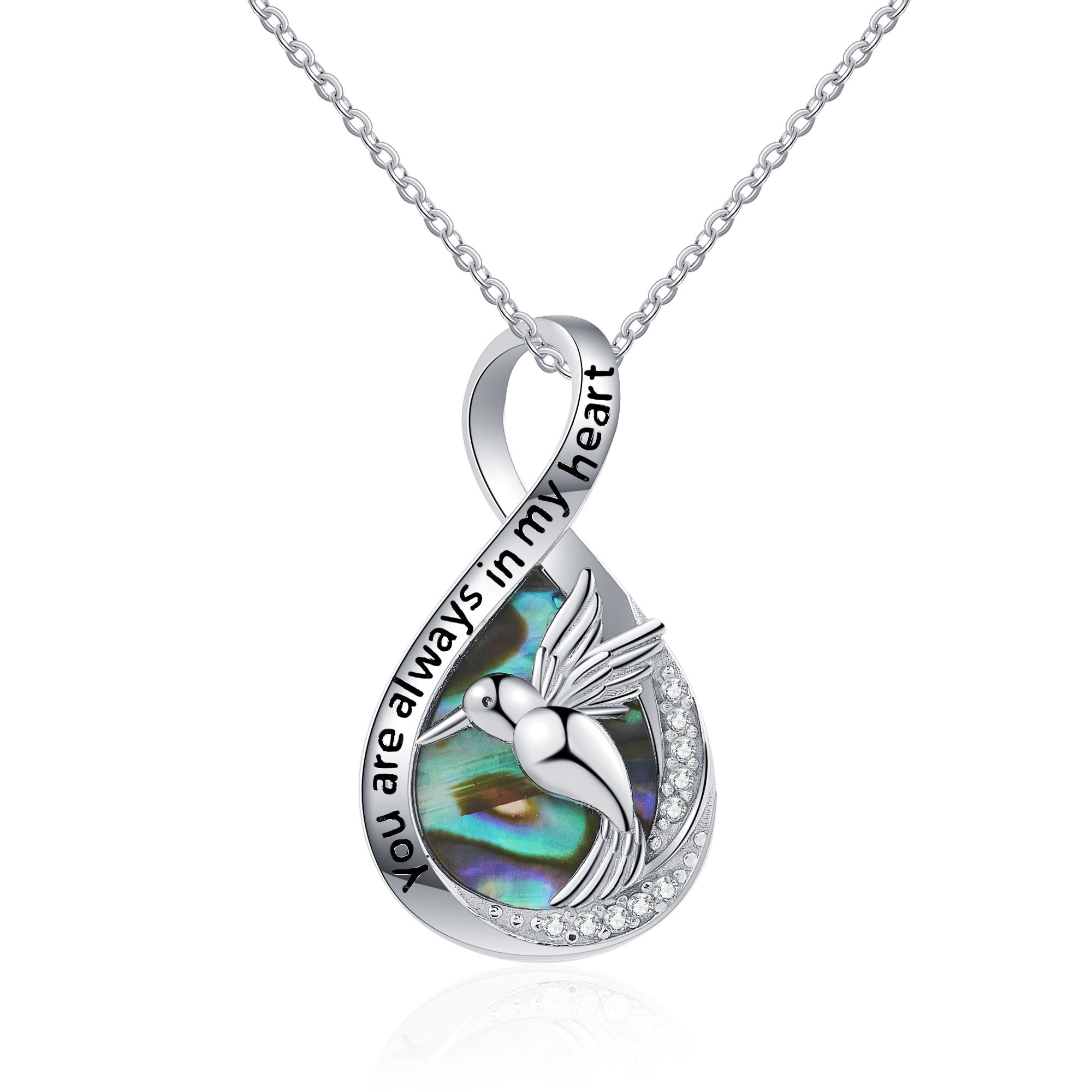 Image of Sterling Silver Abalone Shellfish Hummingbird & Infinity Symbol Pendant Necklace