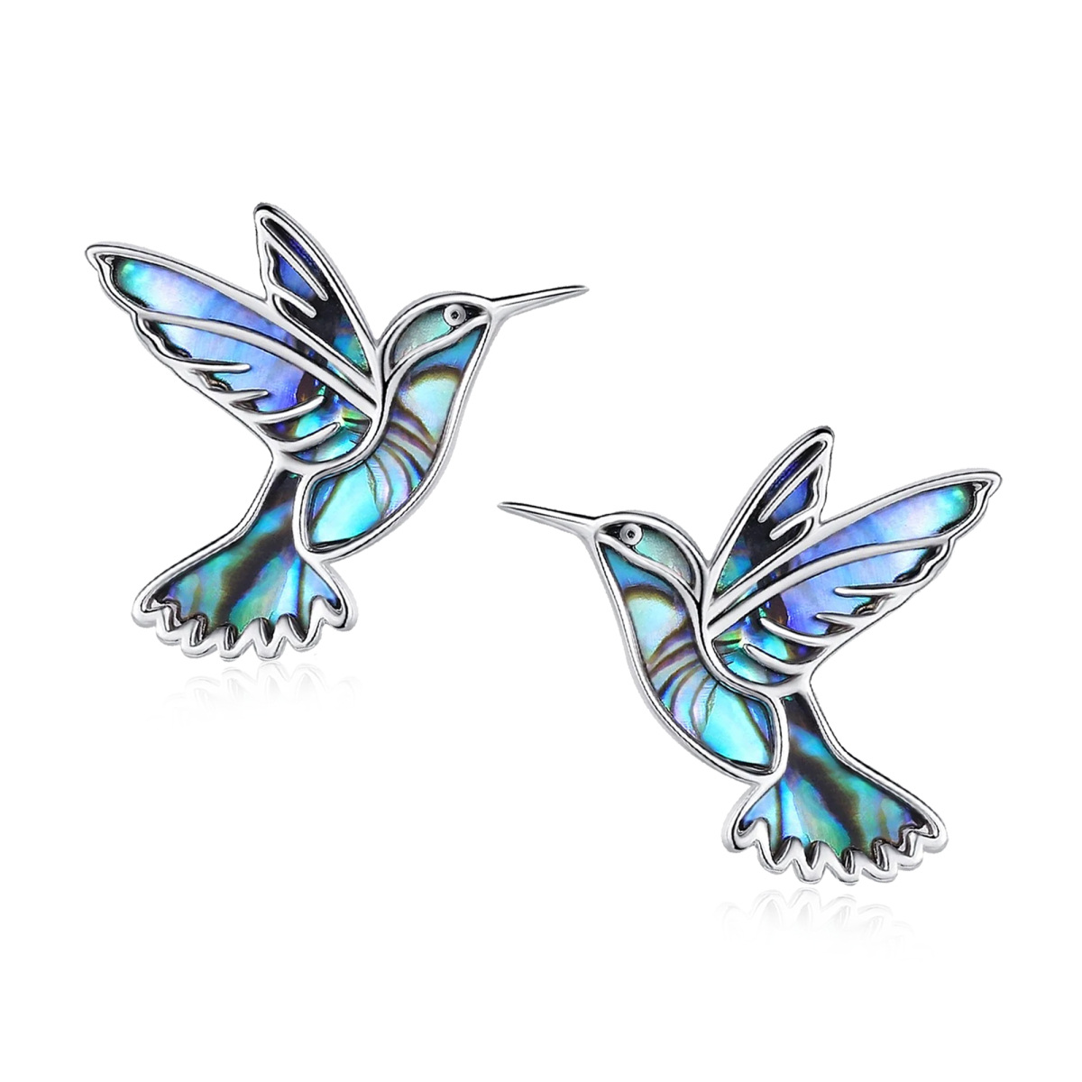 Boucles d'oreilles à tige en argent sterling en forme de coquillage d'ormeau et de colibri-1