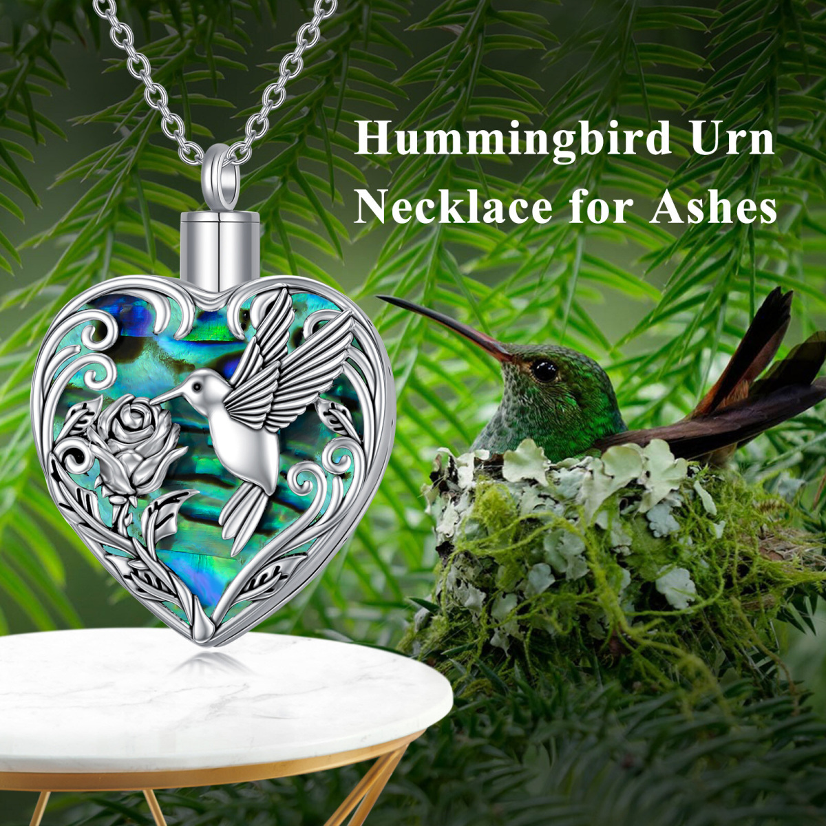 Sterling Silver Abalone Shellfish Hummingbird Urn Necklace for Ashes-5