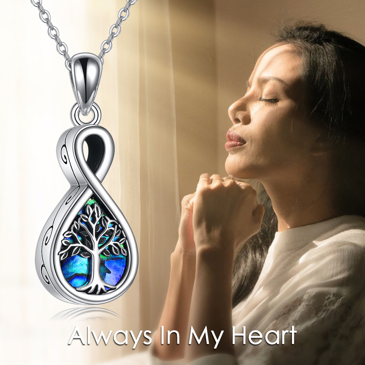 Collana con urna per le ceneri in argento sterling, conchiglia Abalone e simbolo dell'infinito e albero della vita-6