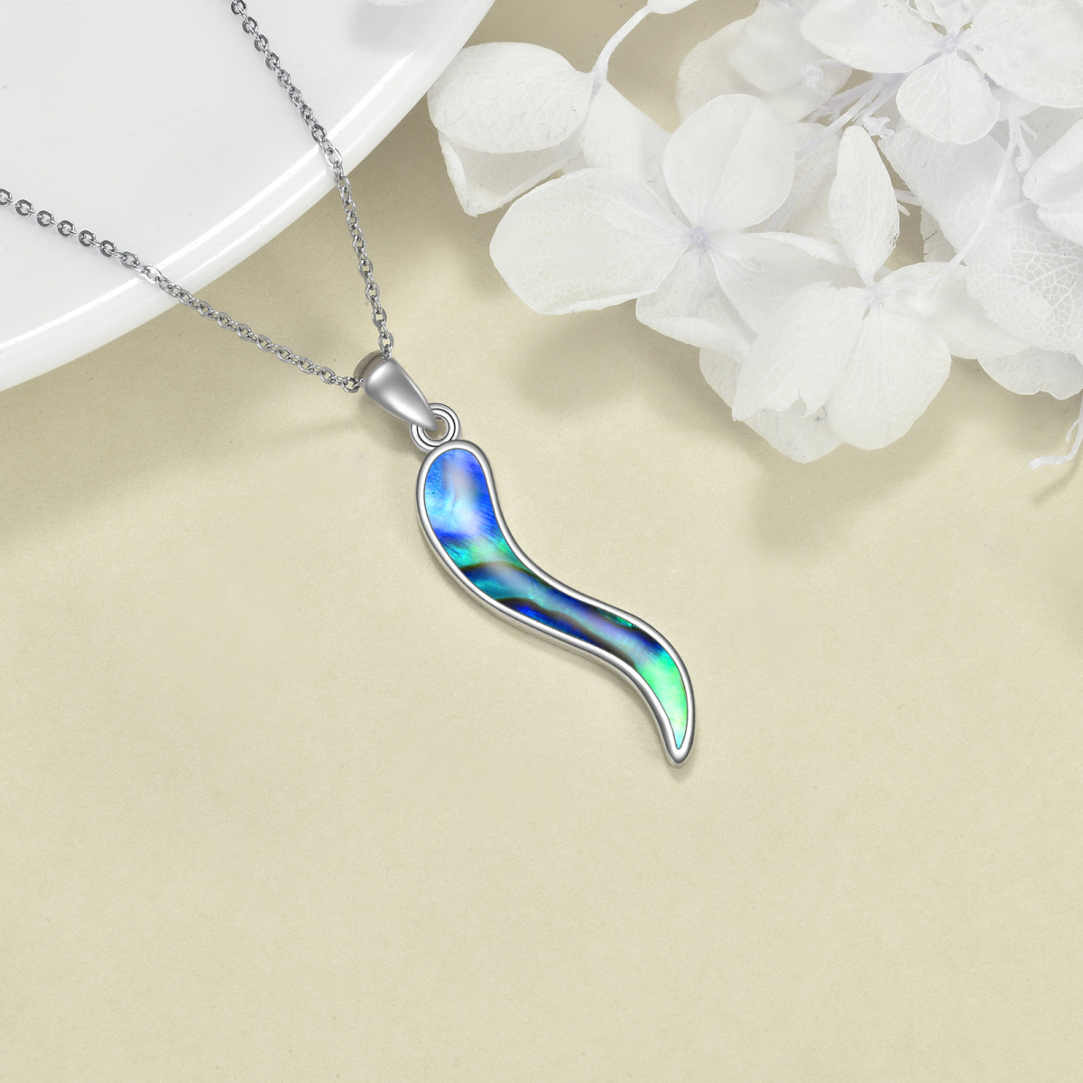 Sterling Silver Abalone Shellfish Italian Horn Pendant Necklace-4