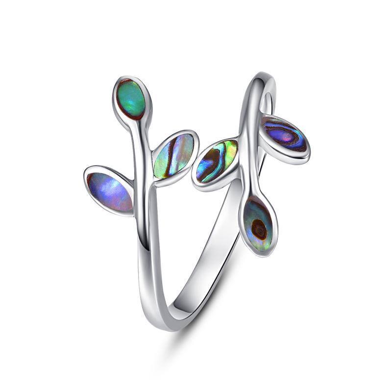 Sterling Silver Abalone Shellfish Leaves Open Ring-1