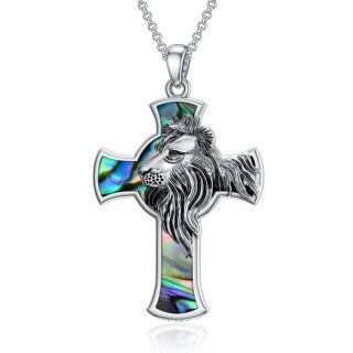 Sterling Silver Abalone Shellfish Lion & Cross Pendant Necklace for Men-2