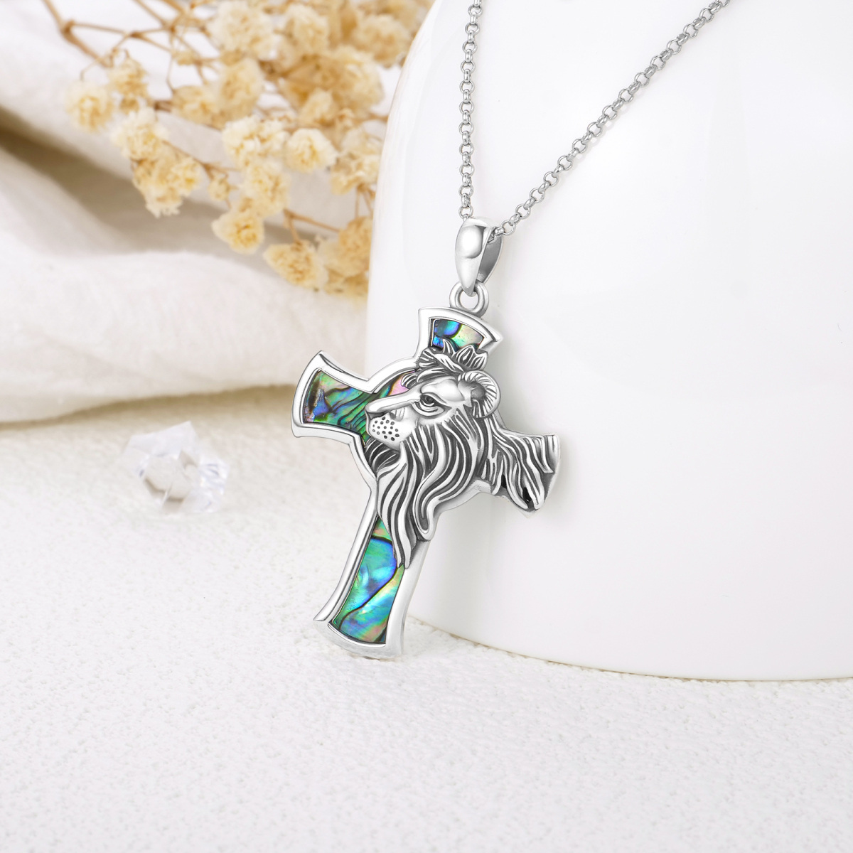 Sterling Silver Abalone Shellfish Lion & Cross Pendant Necklace for Men-3