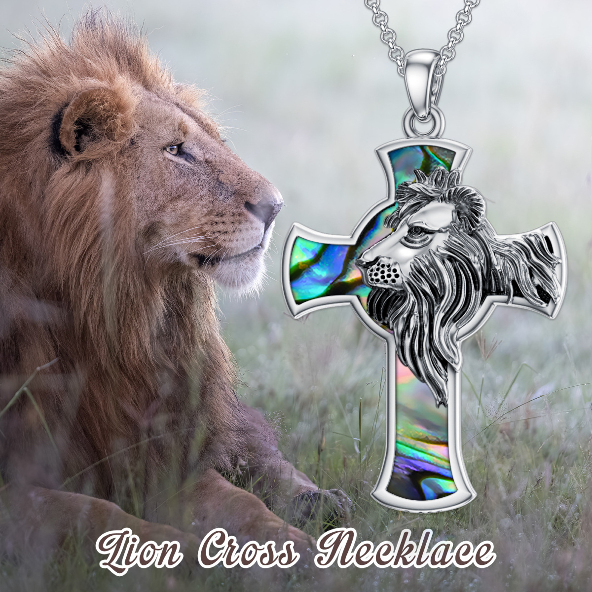 Sterling Silver Abalone Shellfish Lion & Cross Pendant Necklace for Men-5