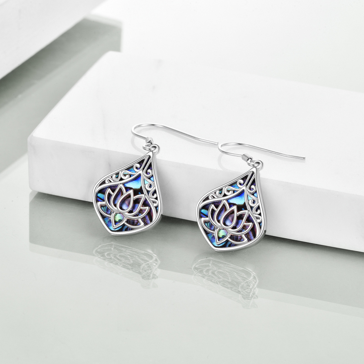 Sterling Silver Abalone Shellfish Lotus Drop Earrings-3