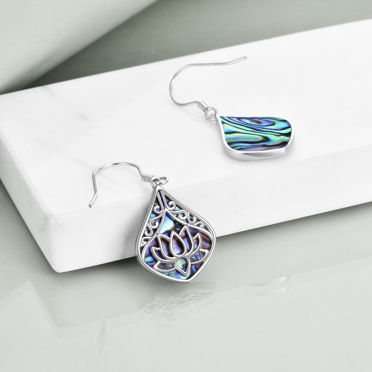 Sterling Silver Abalone Shellfish Lotus Drop Earrings-4