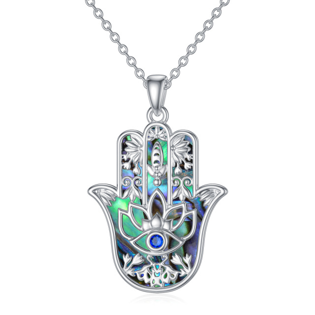 Collar con colgante de mano de Hamsa con forma de loto, concha de abulón y ojo malvado en plata de ley para mujer-1