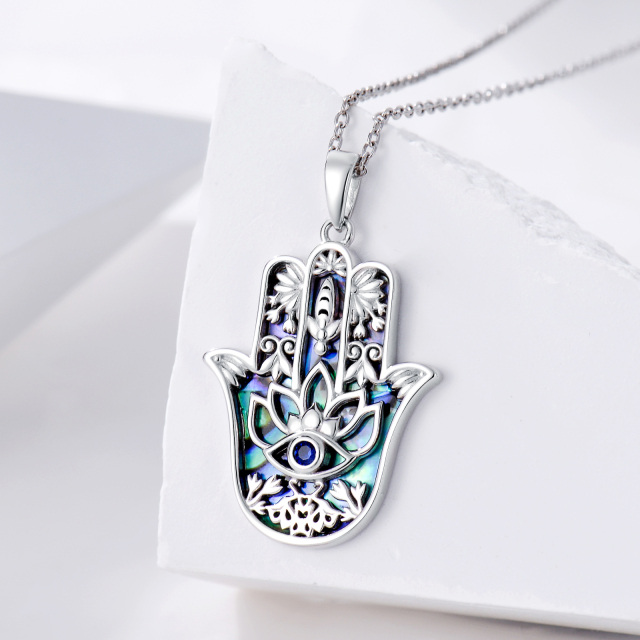 Colar com pingente de mão Hamsa, olho grego, abalone, marisco, lótus, prata esterlina, para mulheres-3