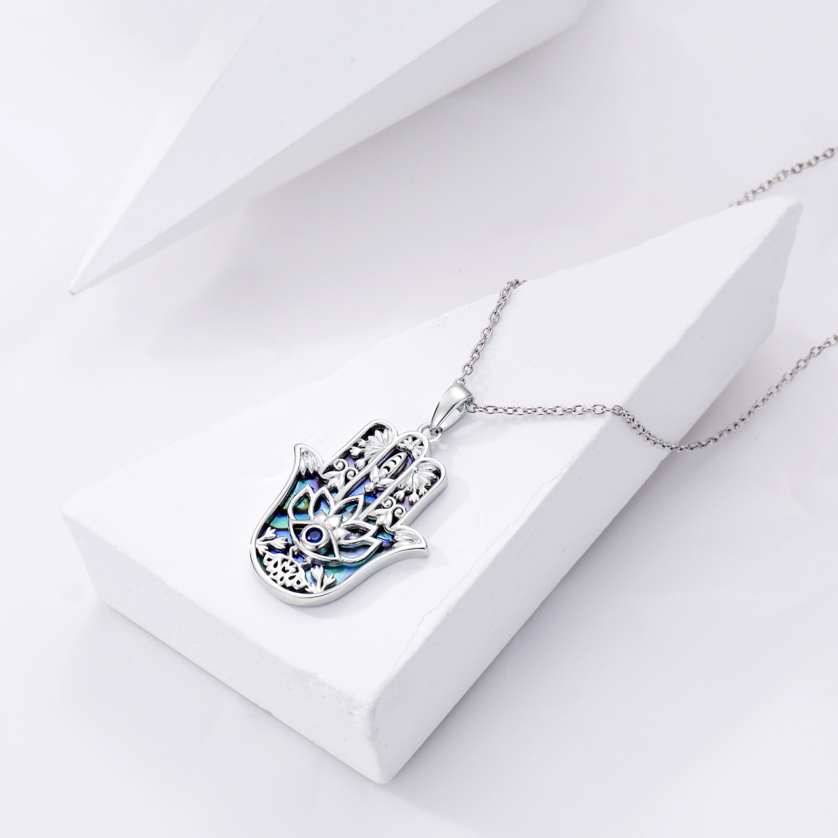 Collar con colgante de mano de Hamsa con forma de loto, concha de abulón y ojo malvado en plata de ley para mujer-4