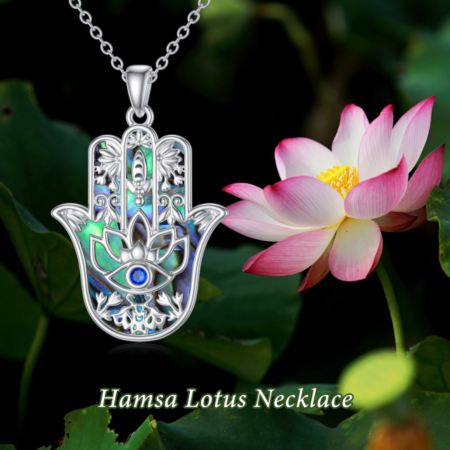 Collar con colgante de mano de Hamsa con forma de loto, concha de abulón y ojo malvado en plata de ley para mujer-6