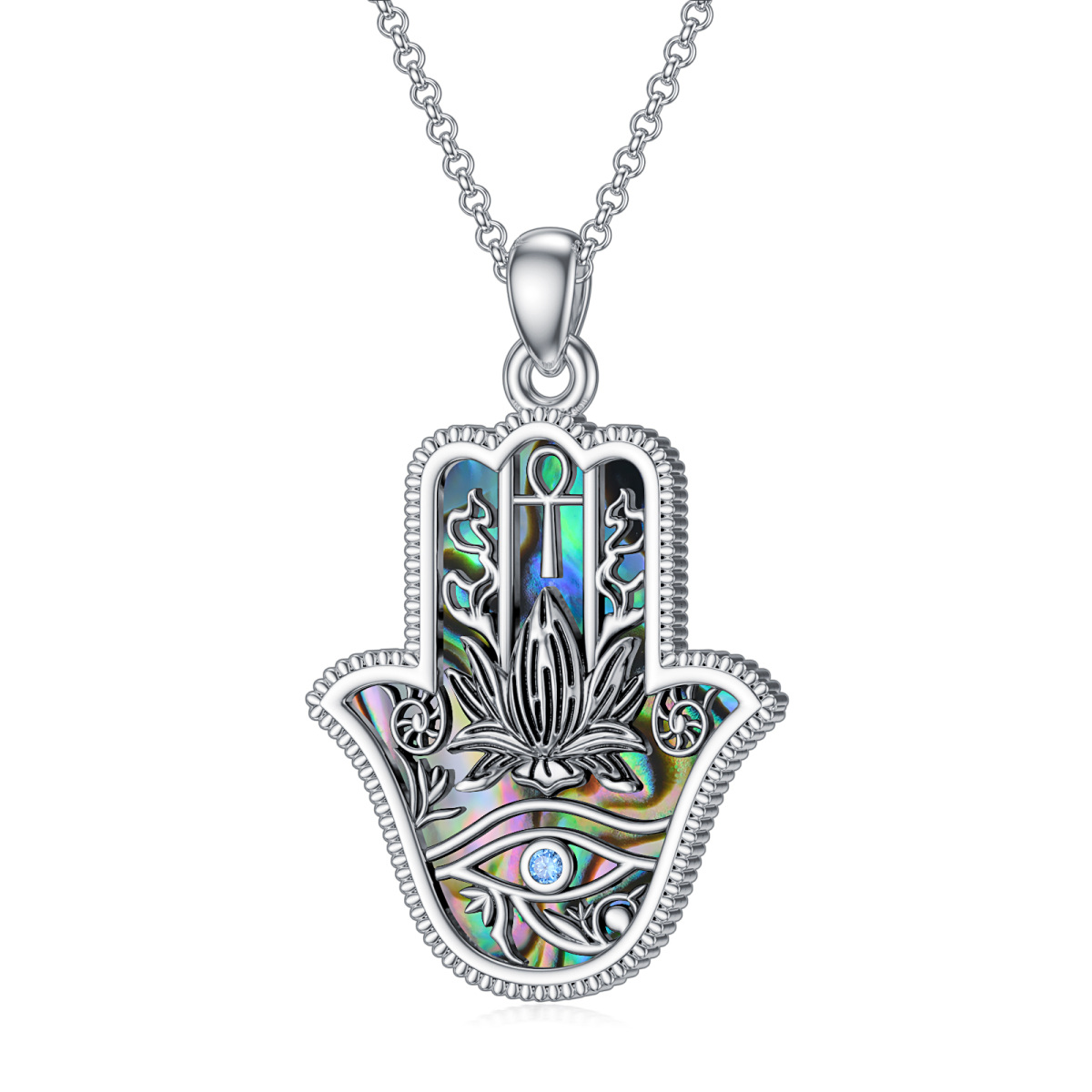 Sterling Silver Abalone Shellfish With Cubic Zirconia Eye Of Horus & Hamsa Hand Pendant Necklace For Unisex-1